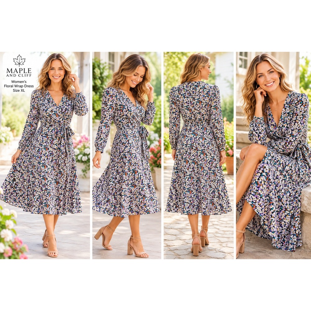 Maple & Cliff Floral Wrap Dress Womens XL Black Multi Long Sleeve Midi #1809